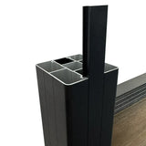 Black aluminum fence post with internal channel and vertical fence panel insert, showing modular design for modern composite or aluminum fencing systems