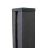 Black aluminum fence post with fitted square post cap, featuring a sleek modern design for durable outdoor fencing systems