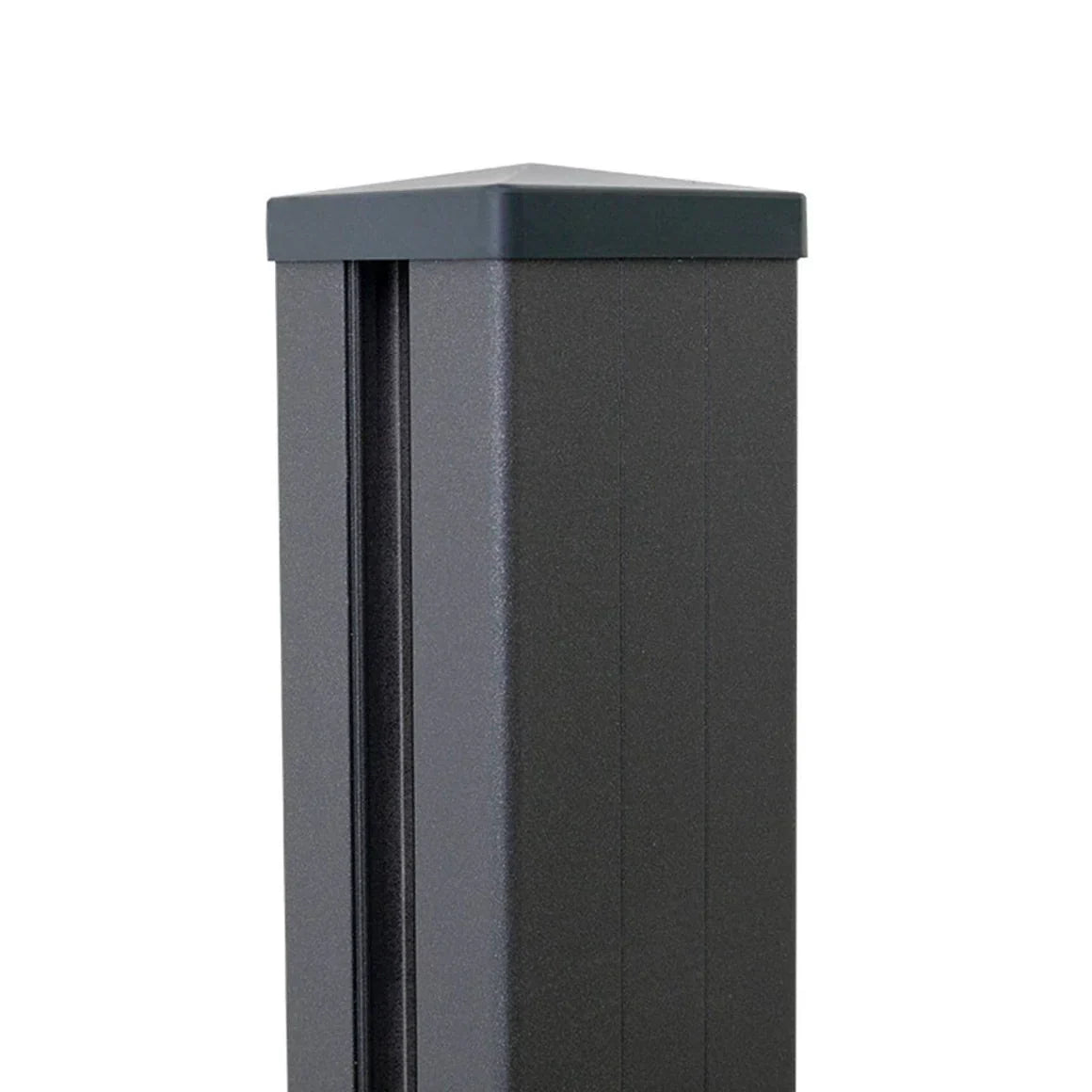 Black aluminum fence post with fitted square post cap, featuring a sleek modern design for durable outdoor fencing systems