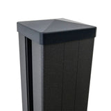 Black aluminum fence post with pyramid-style post cap and concealed channel, designed for modern, weather-resistant outdoor fencing systems