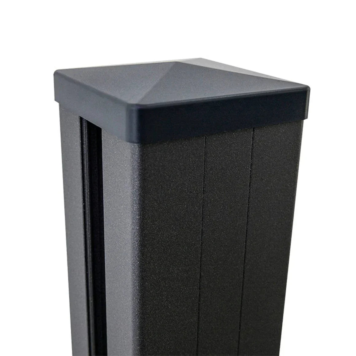 Black aluminum fence post with pyramid-style post cap and concealed channel, designed for modern, weather-resistant outdoor fencing systems