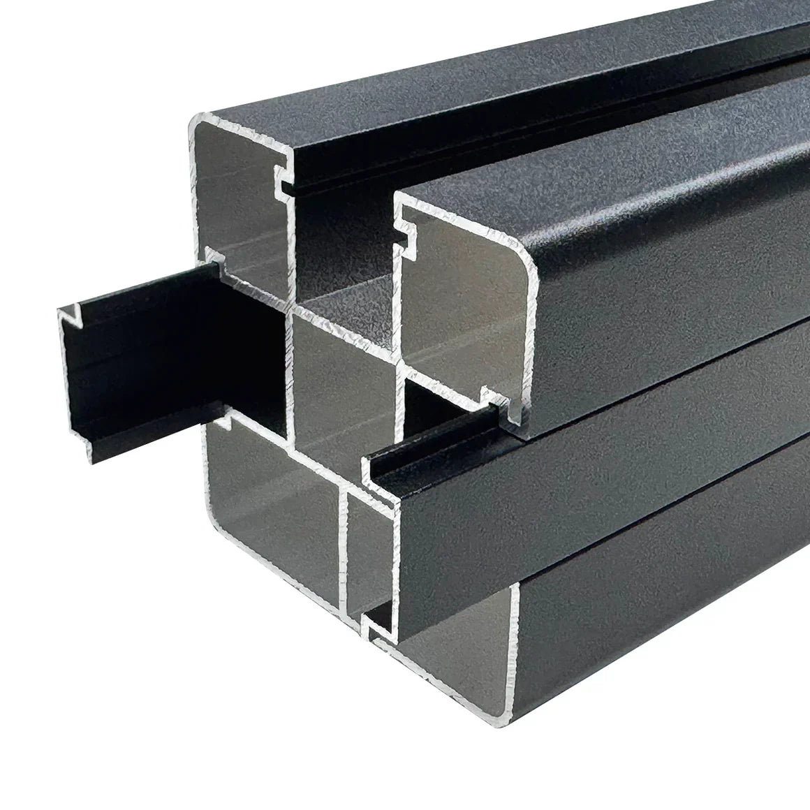 Black aluminum fence post cross-section with internal channels and locking insert for secure composite or aluminum fence panel installation
