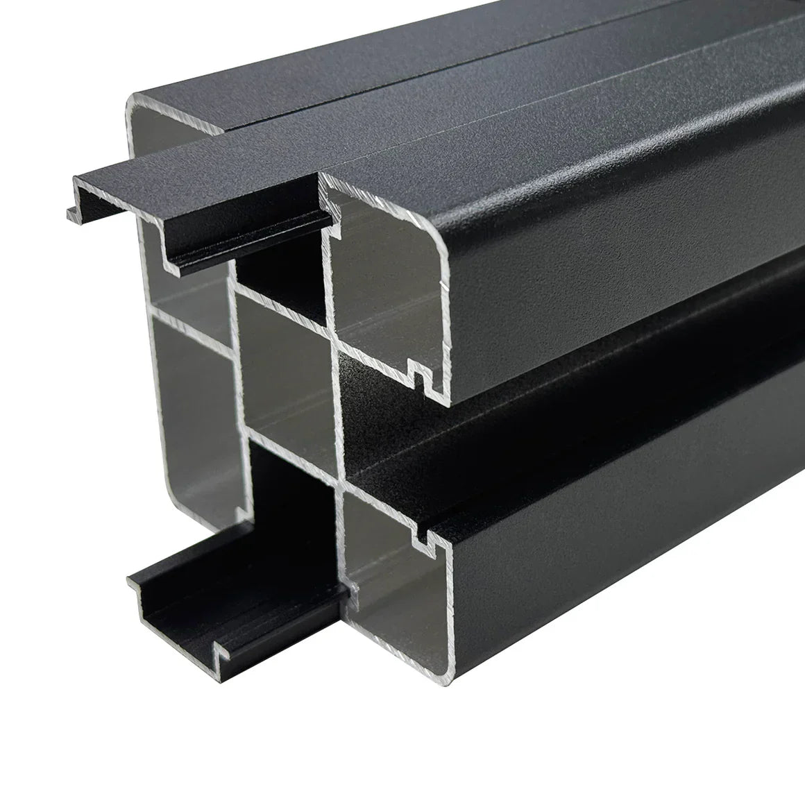 Black aluminum fence post extrusion showing dual internal channels with sliding rail inserts for secure modern fence panel mounting