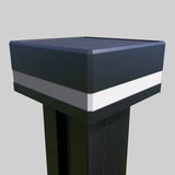 Solar LED fence post cap light mounted on black aluminum fence post