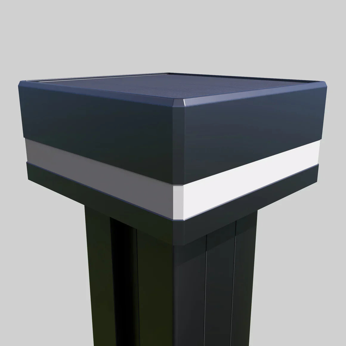 Solar LED fence post cap light mounted on black aluminum fence post