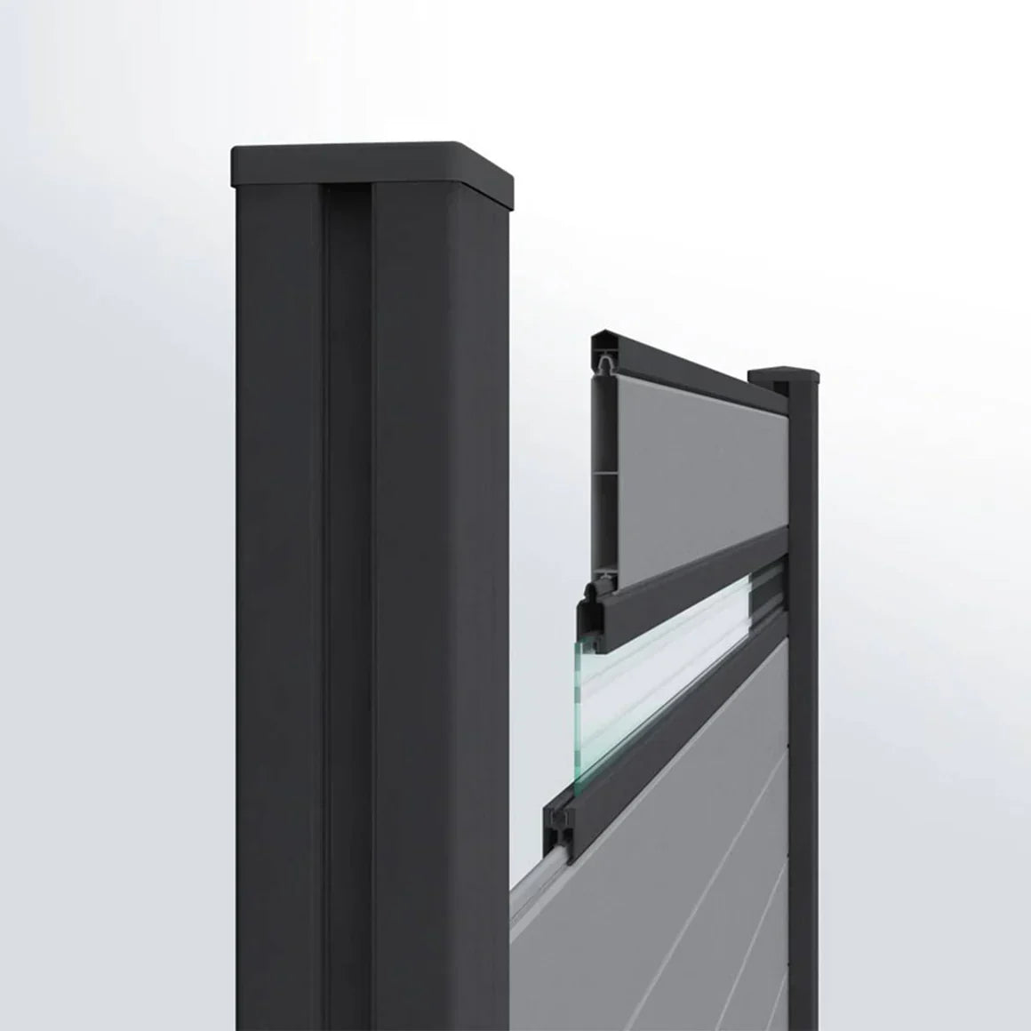 Black aluminum fence post with composite fence panel and glass insert installed
