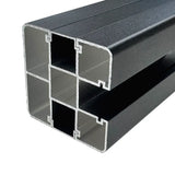 Black aluminum fence post cross-section showing reinforced multi-chamber extrusion for heavy-duty exterior fencing systems