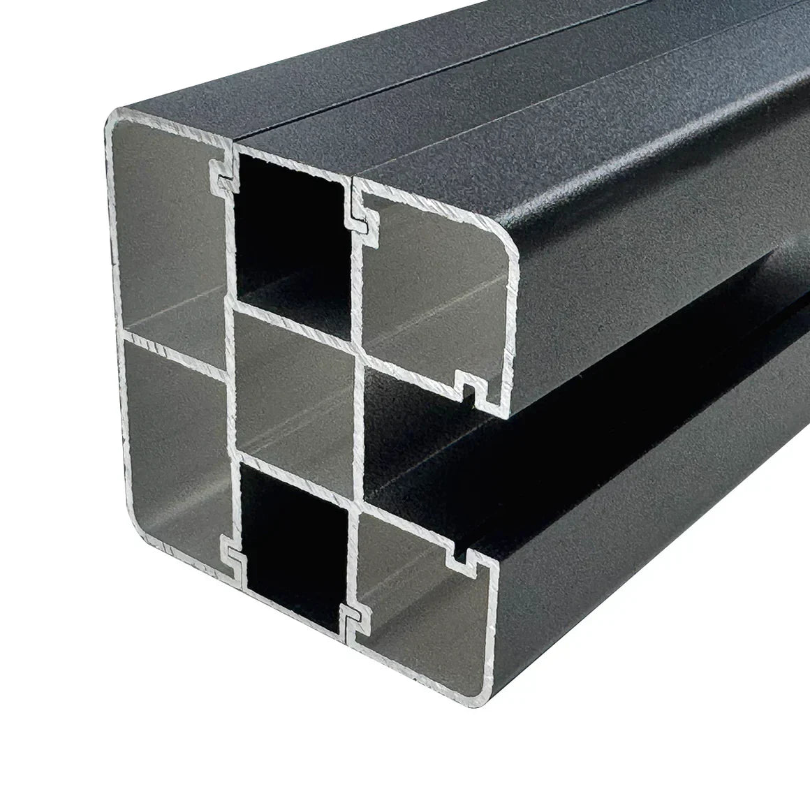 Black aluminum fence post cross-section showing reinforced multi-chamber extrusion for heavy-duty exterior fencing systems