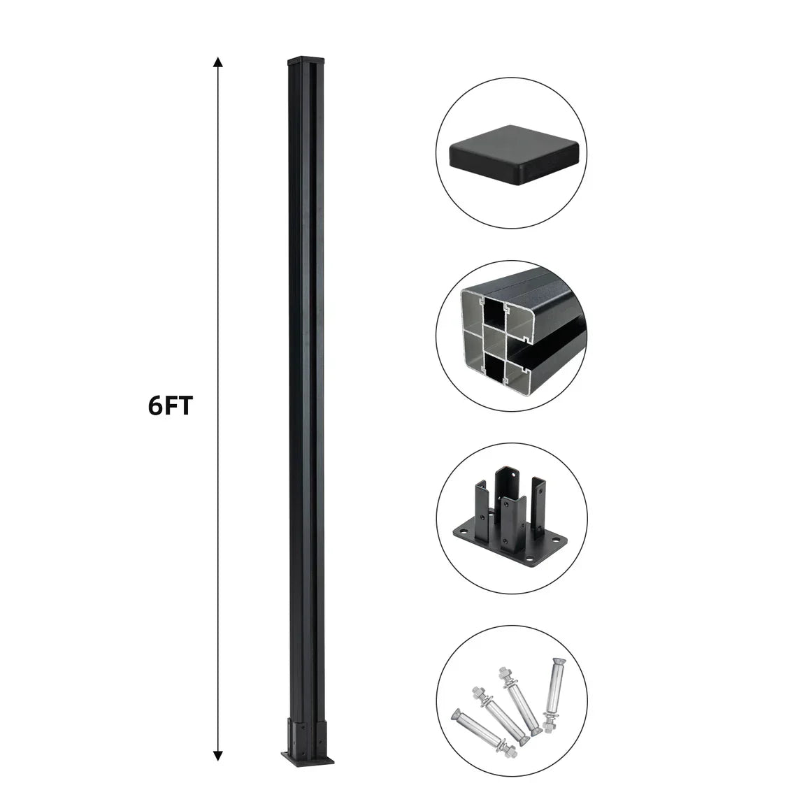 Black 6 ft aluminum fence post with base plate, post cap, mounting bracket, and installation hardware for modern exterior fencing systems