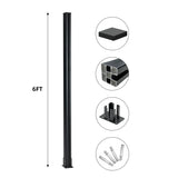 Black 6 ft aluminum fence post with base plate, post cap, mounting bracket, and installation hardware for modern exterior fencing systems