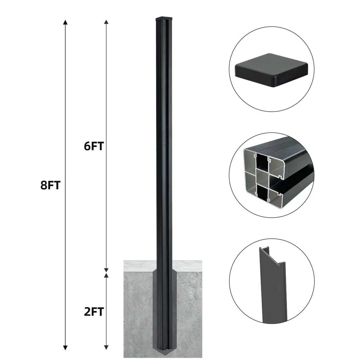Black 8 ft aluminum fence post with 6 ft above ground, 2 ft in-ground, and multi-channel extrusion