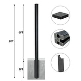 Black 8 ft aluminum fence post with 6 ft above ground, 2 ft in-ground, and multi-channel extrusion