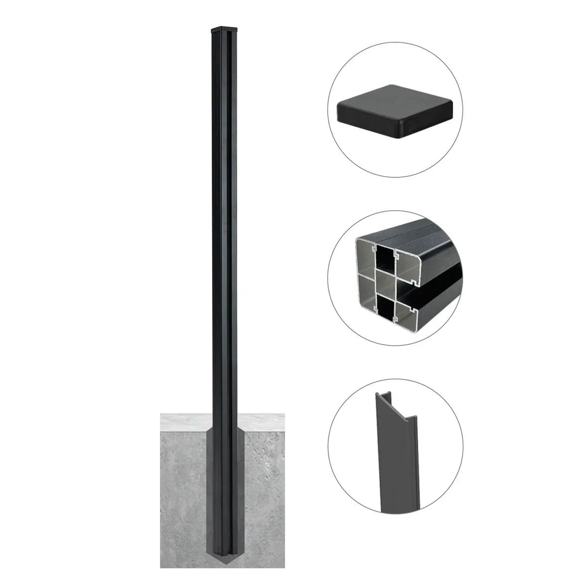 Black 8 ft aluminum fence post with in-ground install, multi-channel extrusion, post cap, and locking insert