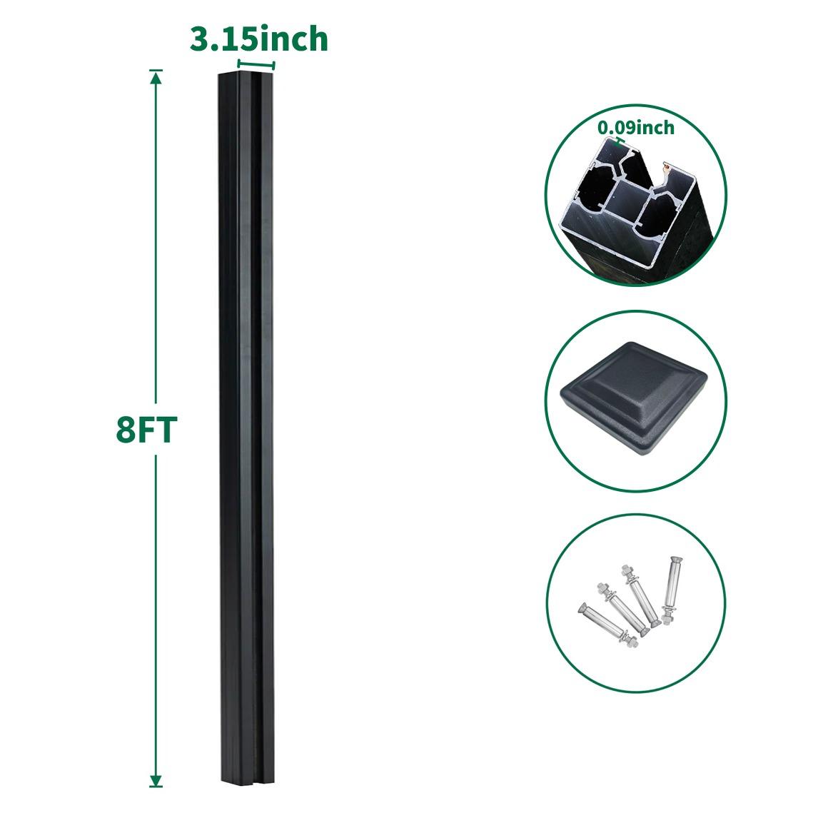 8 ft black aluminum gate post with 3.15 inch width, reinforced profile, post cap, and mounting hardware