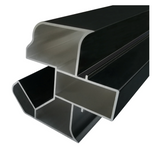 Black aluminum fence post extrusion showing rounded-edge multi-channel profile designed for secure composite fence panel and rail installation