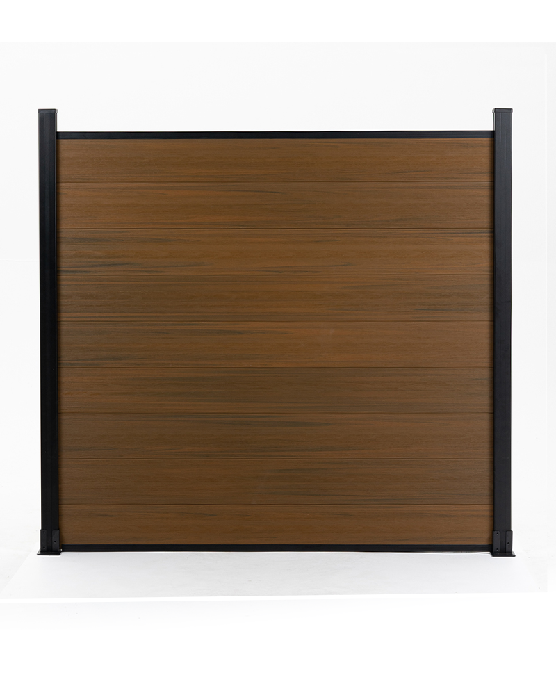Wood look composite privacy fence panel with black aluminum posts, co-extruded composite fencing for outdoor use