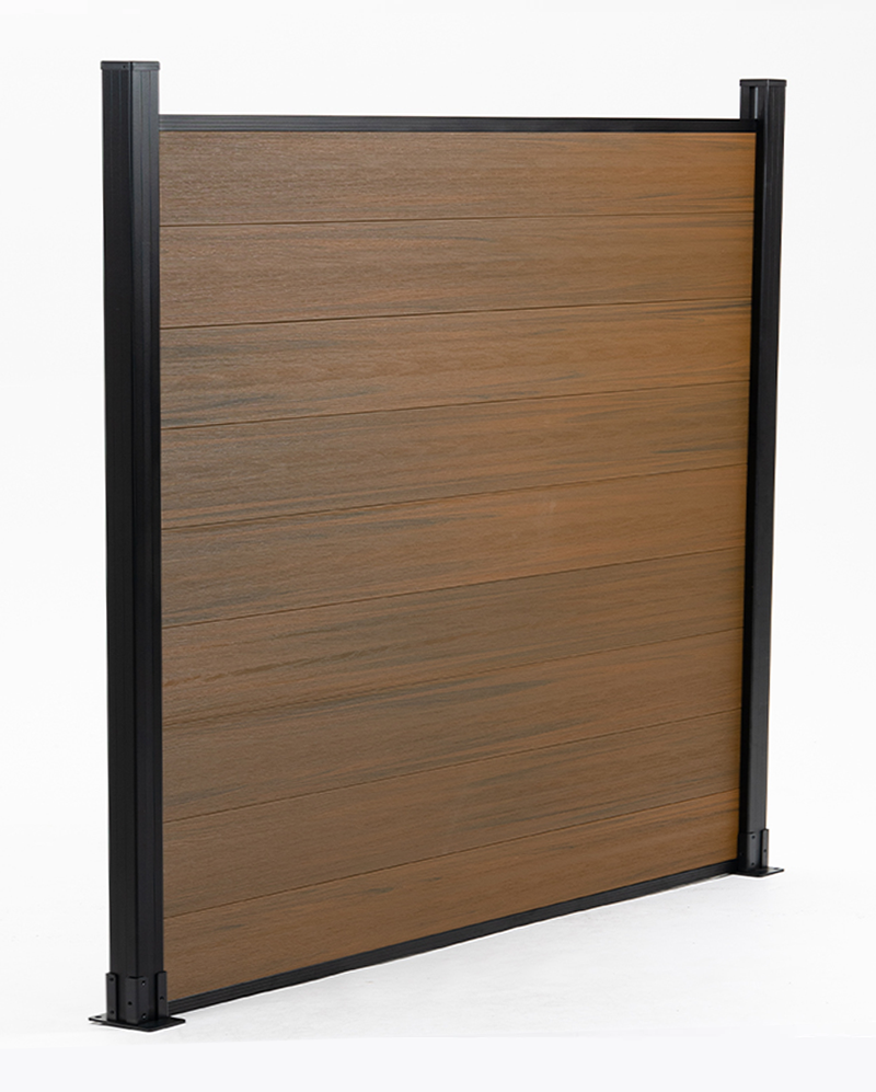 Wood grain composite privacy fence panel with black aluminum posts, co-extruded composite outdoor fencing system