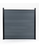 Modern gray composite fence panel with aluminum posts, full privacy outdoor fencing, weather resistant composite boards