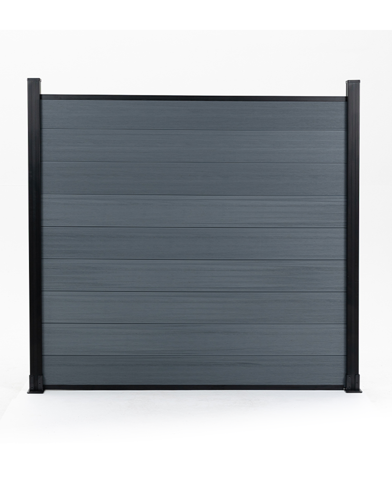 Modern gray composite fence panel with aluminum posts, full privacy outdoor fencing, weather resistant composite boards