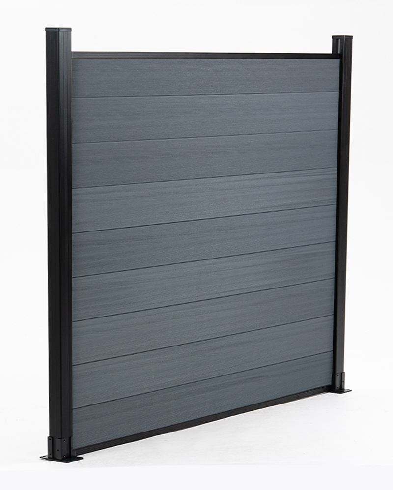 Gray composite privacy fence panel with aluminum posts, modern outdoor fencing system, weather resistant and low maintenance