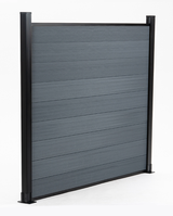 Gray composite privacy fence panel with aluminum posts, modern outdoor fencing system, weather resistant and low maintenance