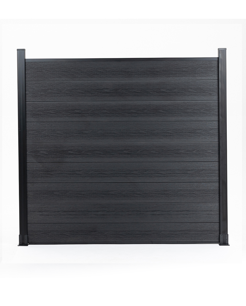 Charcoal black composite fence panel with horizontal co-extruded boards and aluminum posts for modern privacy fencing
