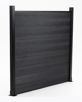 Black composite fence panel with co-extruded wood grain finish and aluminum posts for outdoor privacy fencing