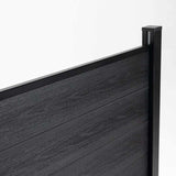 Black co-extruded composite fence panel close-up with woodgrain texture and aluminum post for outdoor privacy fencing