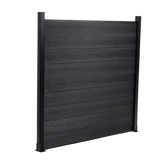 Black co-extruded composite privacy fence panel with realistic wood grain texture and aluminum posts, isolated on transparent background
