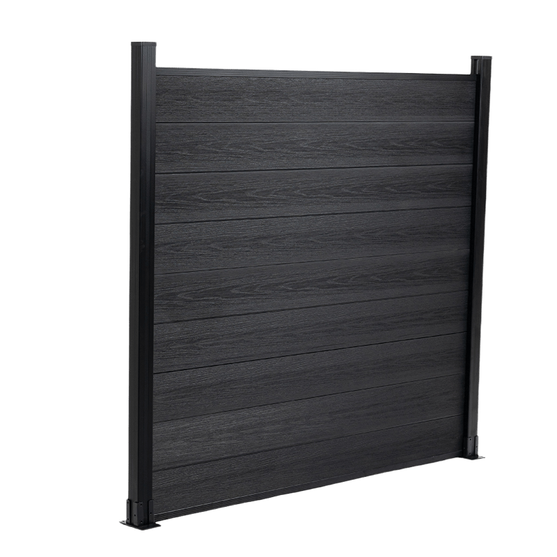 Black co-extruded composite privacy fence panel with realistic wood grain texture and aluminum posts, isolated on transparent background