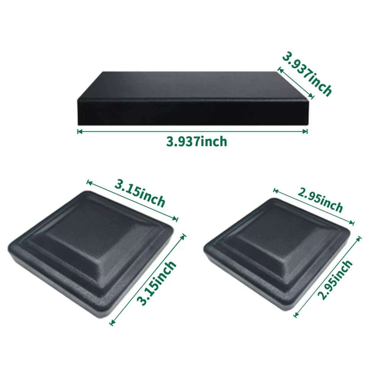 Black aluminum fence post caps in multiple sizes showing 3.937 inch, 3.15 inch, and 2.95 inch dimensions