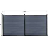 12ft wide by 6ft tall gray composite privacy fence panels with black aluminum posts, outdoor fencing size diagram