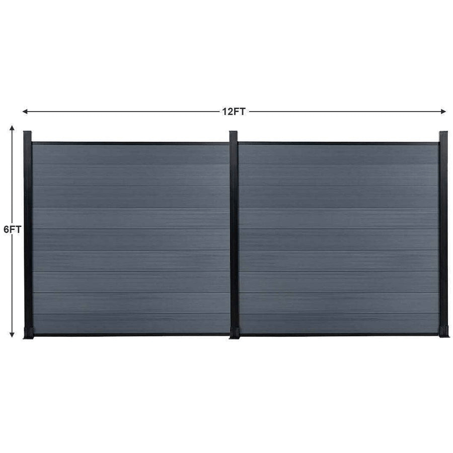 12ft wide by 6ft tall gray composite privacy fence panels with black aluminum posts, outdoor fencing size diagram