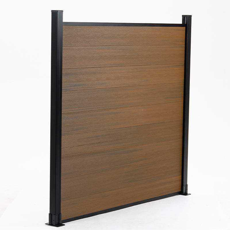 Wood grain composite privacy fence panel with black aluminum posts, modern co-extruded composite fencing for outdoor use