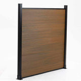 Wood grain composite privacy fence panel with black aluminum posts, modern co-extruded composite fencing for outdoor use