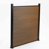 Wood look composite privacy fence panel with black aluminum posts, durable co-extruded composite outdoor fencing