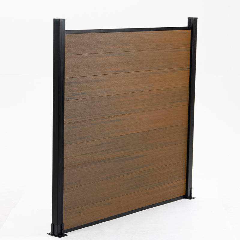 Wood look composite privacy fence panel with black aluminum posts, durable co-extruded composite outdoor fencing
