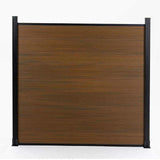 Brown wood-grain composite fence panel with black aluminum posts, co-extruded outdoor privacy fencing panel