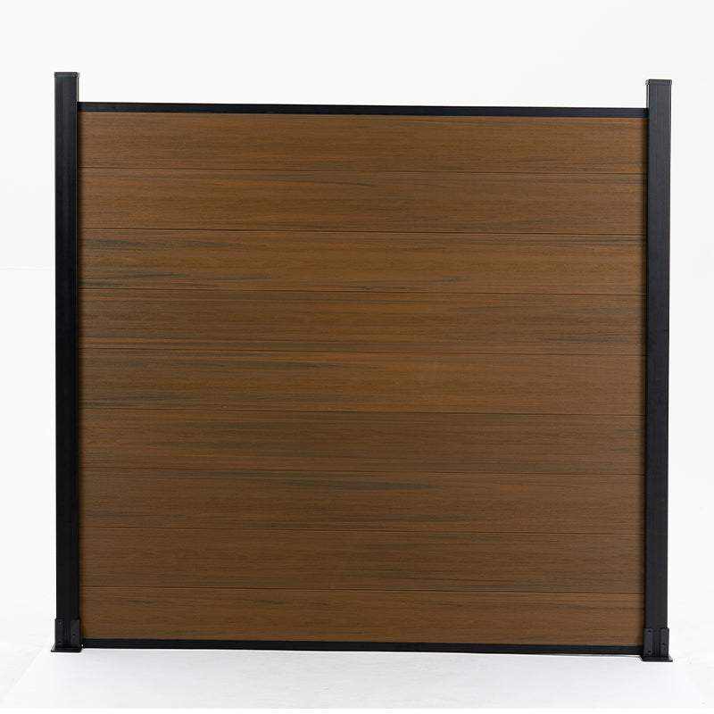 Brown wood-grain composite fence panel with black aluminum posts, co-extruded outdoor privacy fencing panel