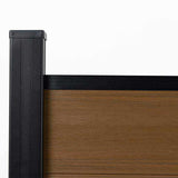 Wood grain composite fence panel with black aluminum post and top rail, co-extruded composite outdoor fencing detail