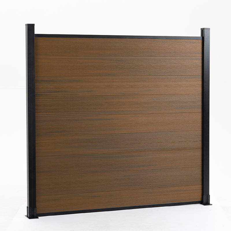 Wood look composite privacy fence panel with black aluminum posts, durable co-extruded composite fencing system