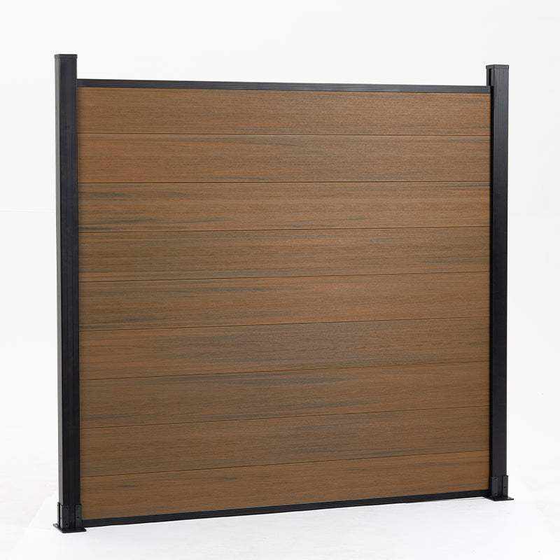Wood grain composite privacy fence panel with black aluminum posts, modern co-extruded composite outdoor fencing