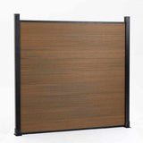 Wood grain composite privacy fence panel with black aluminum posts, modern co-extruded composite outdoor fencing
