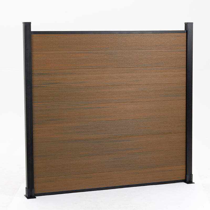 Wood grain composite privacy fence panel with black aluminum posts, durable co-extruded composite fencing for outdoor use