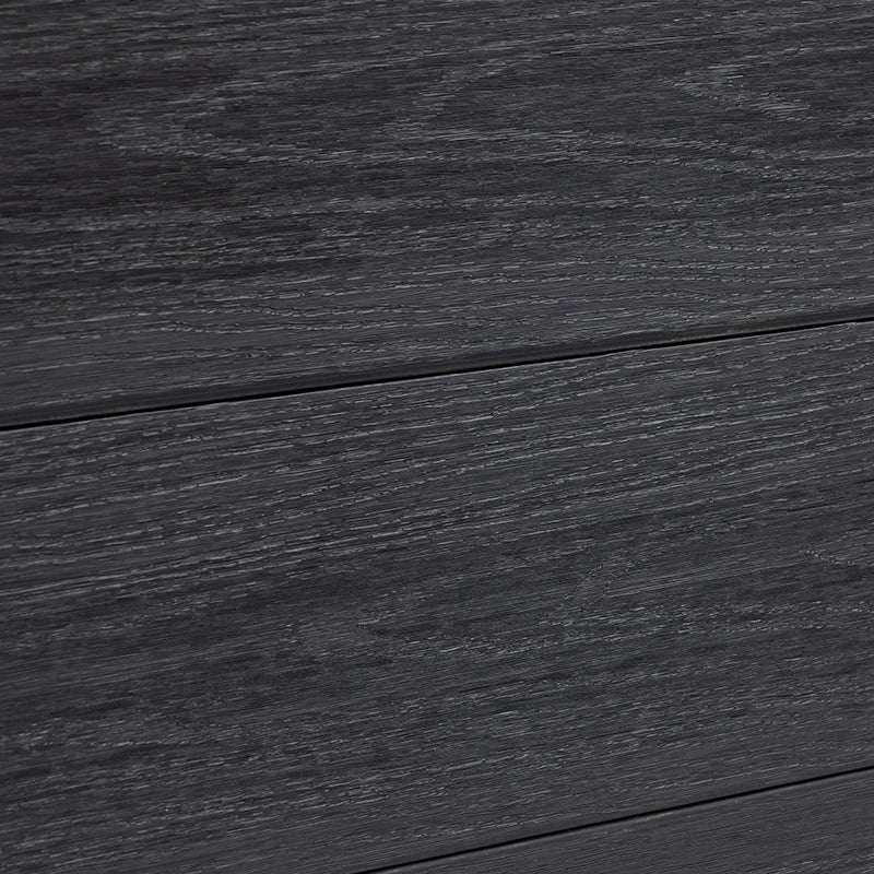 Close-up of dark charcoal composite fence boards with realistic wood grain texture