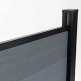 Gray composite fence panel top rail with black aluminum post, modern outdoor privacy fencing detail