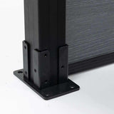 Black aluminum fence post base mount with composite fence panel, heavy duty outdoor fencing hardware detail