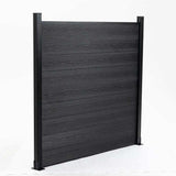 Charcoal black co-extruded composite fence panel with horizontal wood-grain boards and aluminum posts