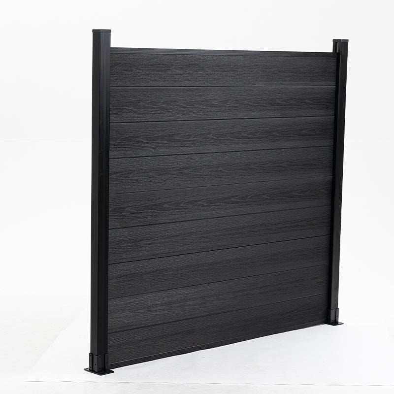 Black co-extruded composite privacy fence panel with horizontal wood-grain boards and aluminum posts
