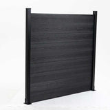 Black co-extruded composite privacy fence panel with horizontal wood-grain boards and aluminum posts